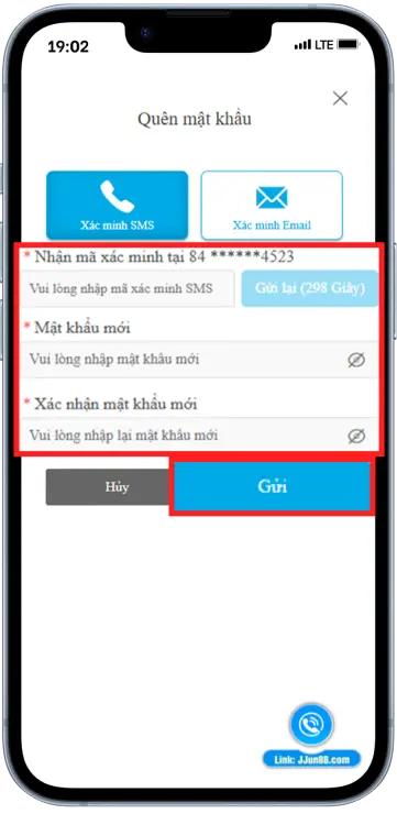 Bước 4: Nhập Mã xác minh » Nhập Mật khẩu mới và Xác nhận mật khẩu mới » Ấn "Gửi"